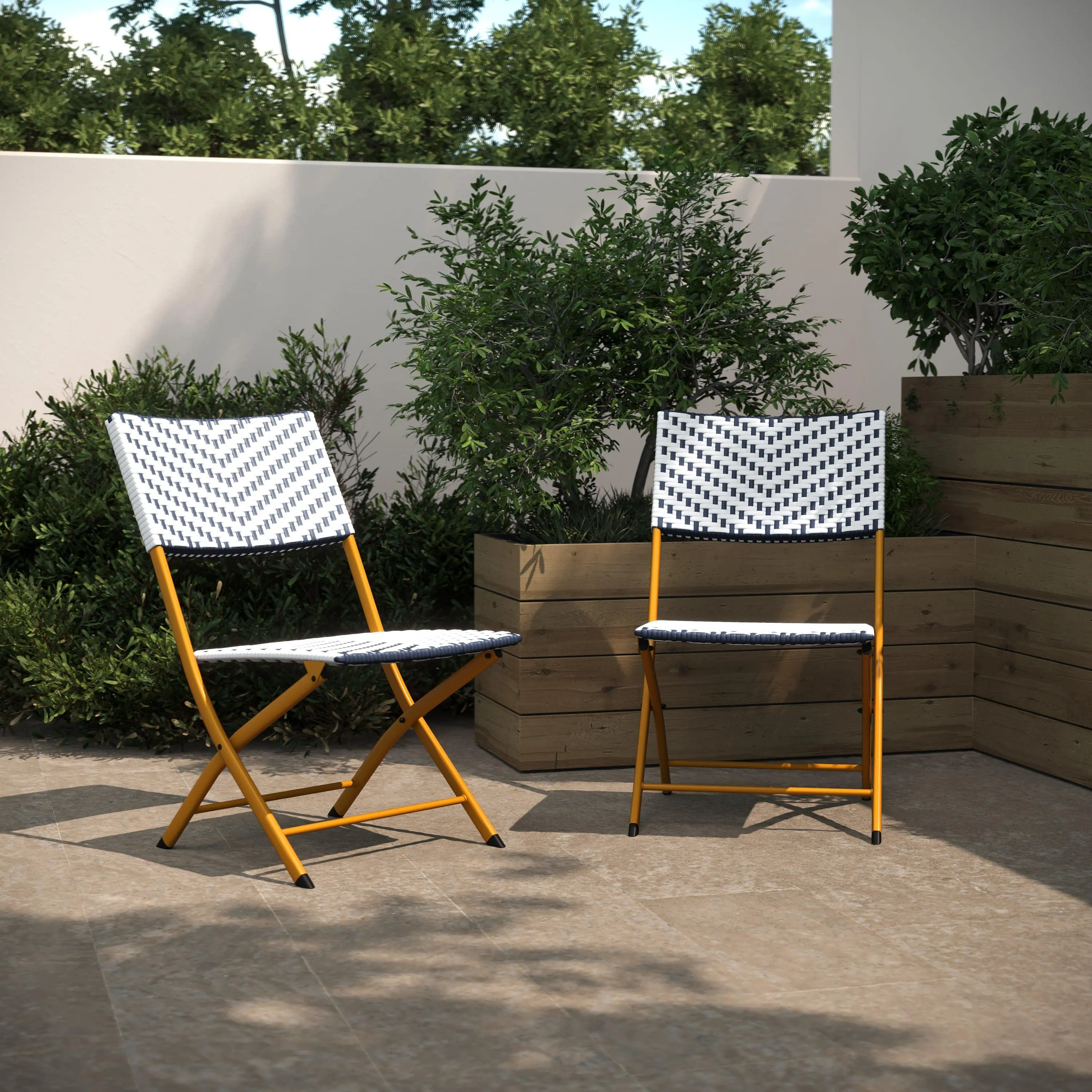 Rouen Set of Two Folding Bistro Chairs in PE Rattan with Metal Frames for Indoor and Outdoor Use