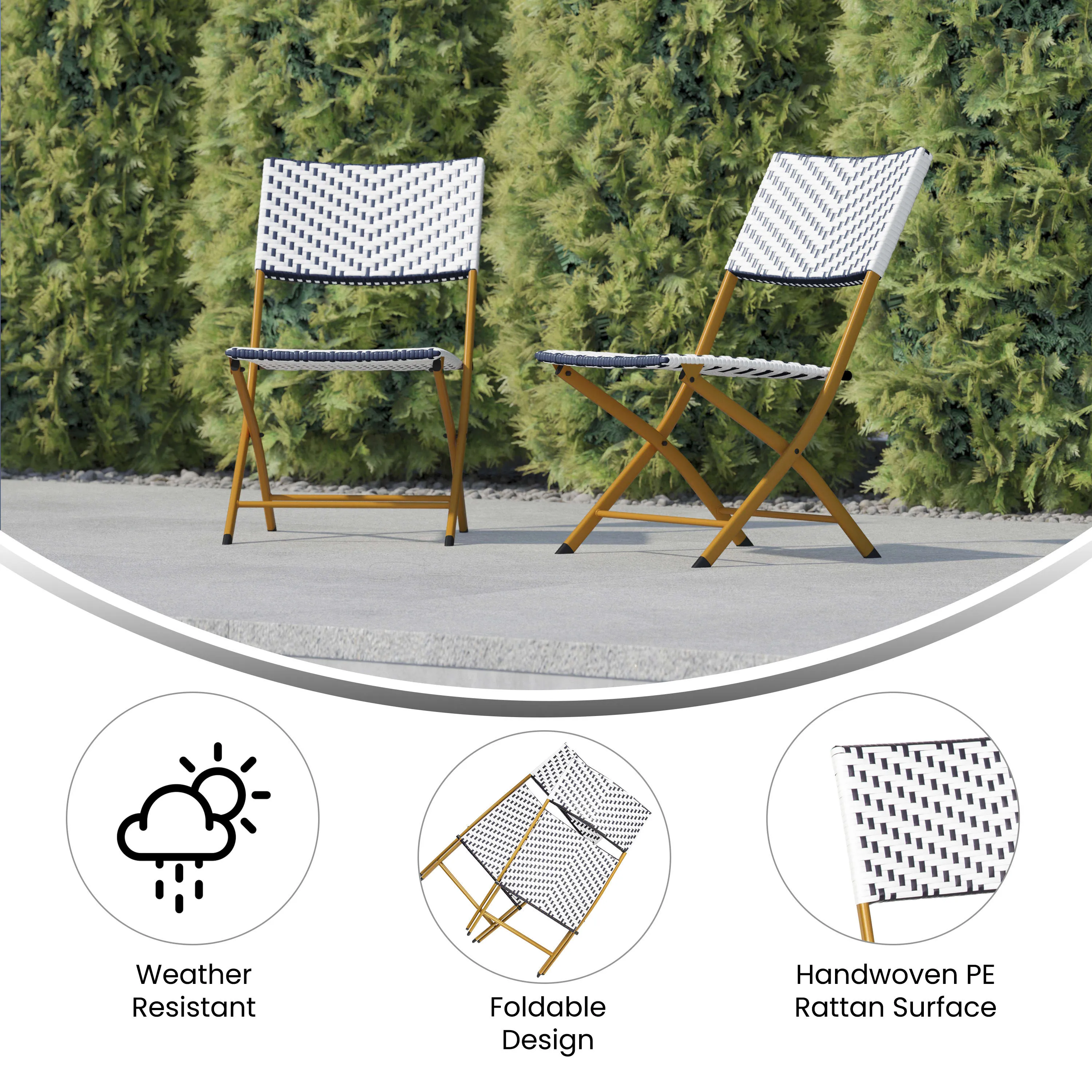 Rouen Set of Two Folding Bistro Chairs in PE Rattan with Metal Frames for Indoor and Outdoor Use