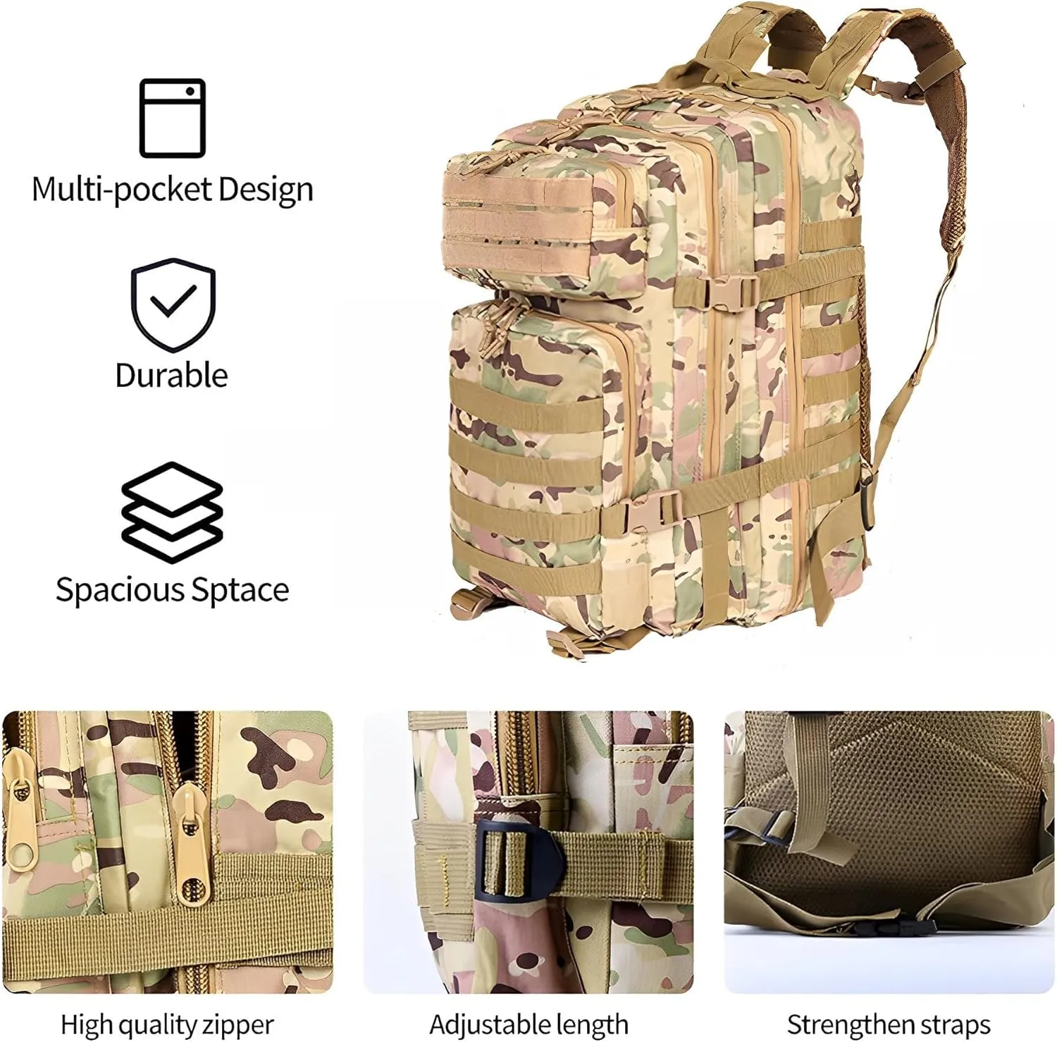 Tactical Backpack Military Hunting Gym Hiking Rucking Backpack with Weights Survival Rucksack Tool Motorcycle Accessories Fishing Camping Range Bag 50L for Men (CP)